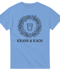 Minimalistiskt midsommarmotiv med texten Krans & Kaos – blå t-shirt
