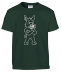Illustration av en surmulen åsna med korslagda armar på grön t-shirt