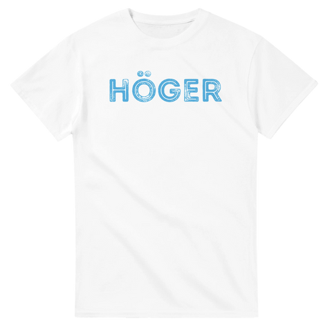 Textbaserat tryck med ordet Höger i blått – vit t-shirt