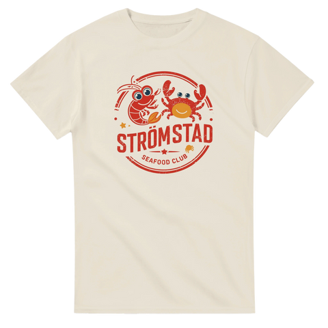 Vintageinspirerad illustration av krabba och räka på off-white t-shirt