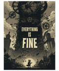Närbild på en mörk steampunk poster i dova toner föreställande raserade byggnader och klockmekanik i brutal skala.