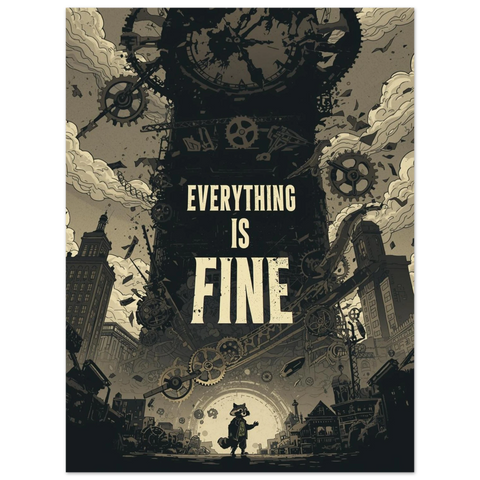 Närbild på en mörk steampunk poster i dova toner föreställande raserade byggnader och klockmekanik i brutal skala.