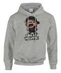 Seriefigur med keps och argt ansikte samt texten "Dra åt helvete" på grå hoodie.