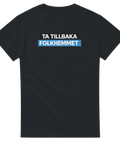 Svart t-shirt med ett tydligt politiskt statement om det svenska folkhemmet