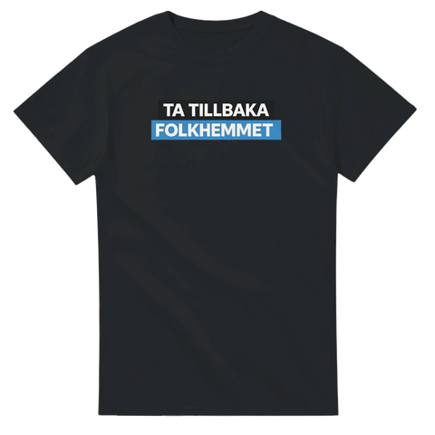 Svart t-shirt med ett tydligt politiskt statement om det svenska folkhemmet