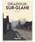 Illustration av en tom gata i Oradour-sur-Glane med ruiner, en kyrka och en solnedgång bakom berg.