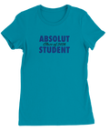 Absolut Student 2026-tryck i mörkblått på en turkos premium dam t-shirt.