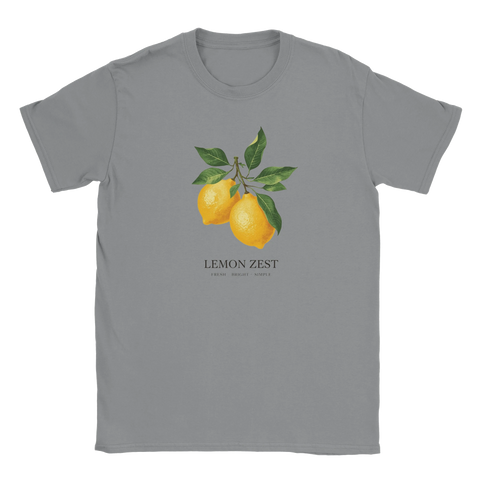 Grå t-shirt med tidlös illustration av citrongren och blad