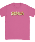Rosa t-shirt med en kreativ och aptitretande semmel-illustration
