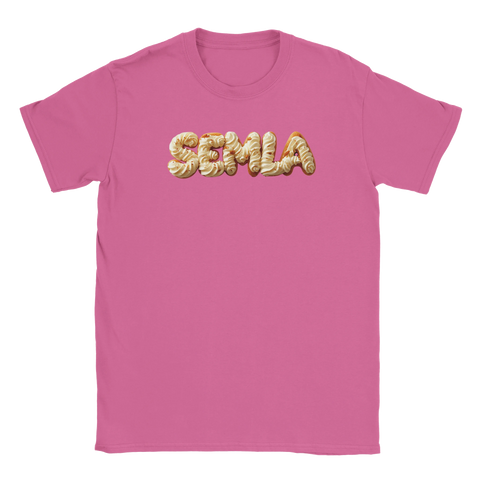 Rosa t-shirt med en kreativ och aptitretande semmel-illustration