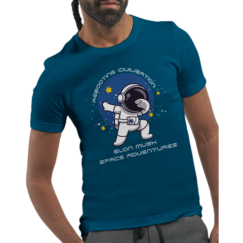 Dabbande astronaut i rymden, texten "Rebooting Civilisation Elon Musk Space Adventures" på teal t-shirt.