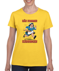 Här kommer kärringen" serietryck med springande hemmafru, gul dam t-shirt.