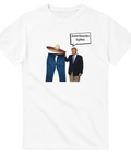 Satirisk illustration av Donald Trump och mexikanska byxor på vit t-shirt