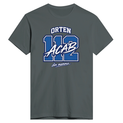 Orten 112 ACAB din mamma" tryck i blått och vitt på mörkgrå premium t-shirt.