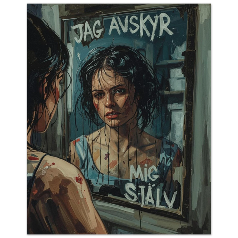 Närbild på en mörk konstposter med motiv av en kvinna i en spegel och handskriven text i en rå och ärlig stil.