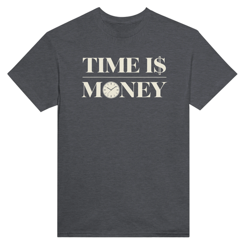 Mörkgrå t-shirt med texten Time is Money och en klocka i bokstaven O.