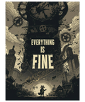 Illustration av ett enormt svart klocktorn med kugghjul och rök över en stad med texten Everything Is Fine.