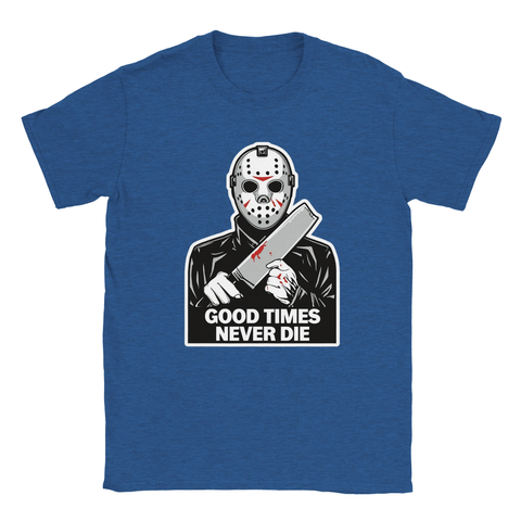 Blå t-shirt med grafiskt skräckmotiv föreställande maskerad mördare