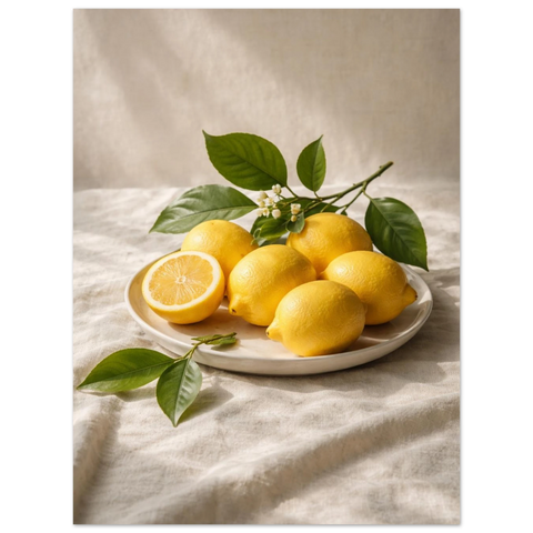 Minimalistisk kökstavla föreställande solmogna citroner arrangerade på en bädd av ljust tyg med medelhavskänsla.