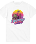 Retro digital estetik med neonfärger och 80-talsmotiv på vit t-shirt