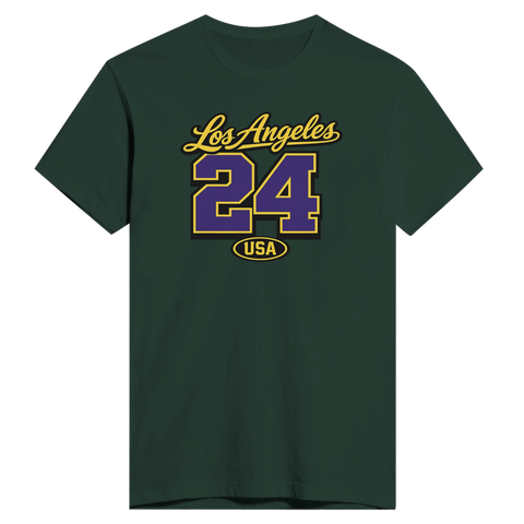 Klassisk varsity-design med sportig Los Angeles-text på mörkgrön t-shirt