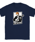 Ed Sheeran popkonstporträtt med gitarr och text "ED FICTION" på marinblå t-shirt.