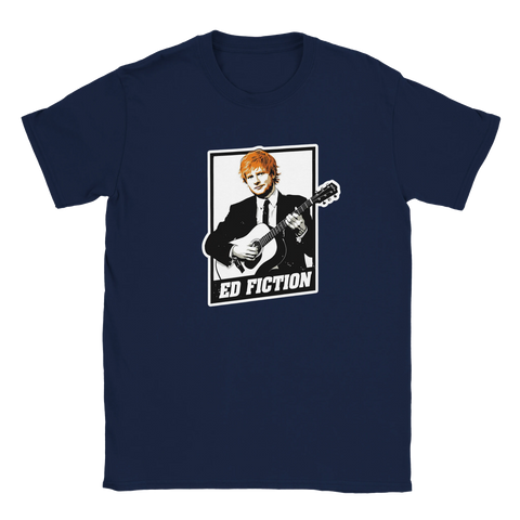 Ed Sheeran popkonstporträtt med gitarr och text "ED FICTION" på marinblå t-shirt.