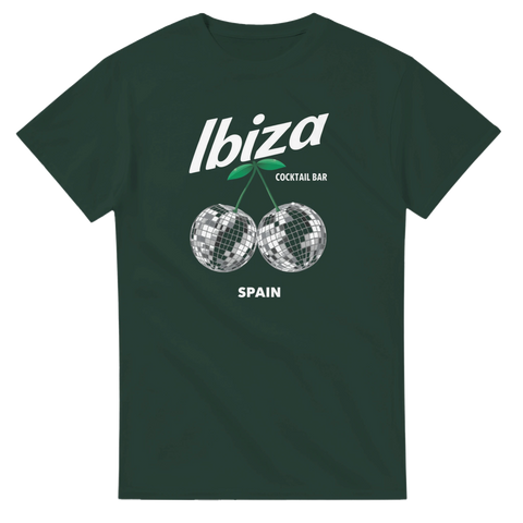Mörkgrön t-shirt med grafiskt Ibiza-motiv och glittrande discokörsbär