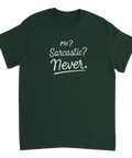Självironisk illustration med vit textdesign – mörkgrön t-shirt med humor