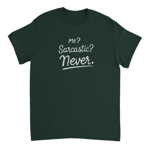 Självironisk illustration med vit textdesign – mörkgrön t-shirt med humor