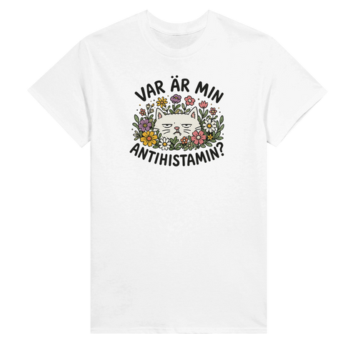 Vintage inspirerat motiv om allergi med en missnöjd katt – grafisk t-shirt