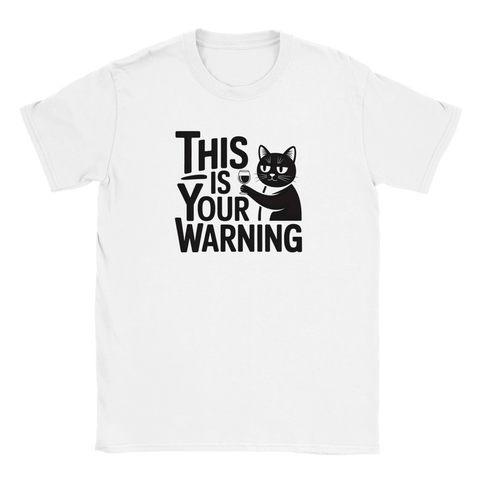 Illustration av oberörd katt med vinglas och texten This is your warning