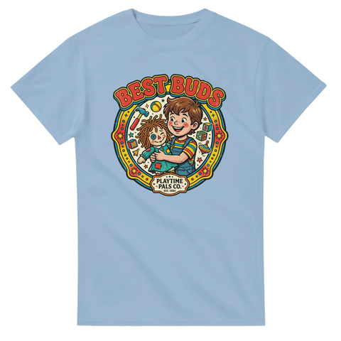 Vintage inspirerad illustration av leksaker på en ljusblå t-shirt