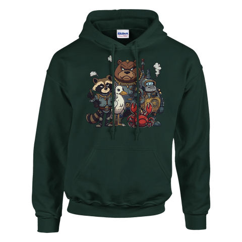 Mörkgrön hoodie med ett kaxigt statement-motiv i tecknad steampunk-stil