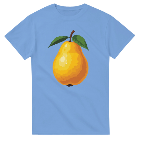 Tecknat gult päron med gröna blad på ljusblå t-shirt.
