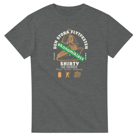 Gråmelerad t-shirt med retroinspirerat tryck av en lyxkryssare i ekonomiklass