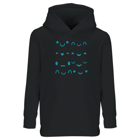 Svart barnhoodie med ett kaxigt och lekfullt mönster av smileys