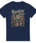 Vintageinspirerad illustration av en rockande jultomte på en marinblå t-shirt