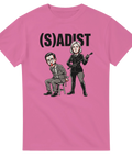 Satirisk teckning av Magdalena Andersson som dominant ledare på rosa t-shirt