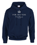 Vit krona och text ”For Helvede Copenhagen” på marinblå hoodie.