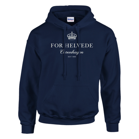 Vit krona och text ”For Helvede Copenhagen” på marinblå hoodie.
