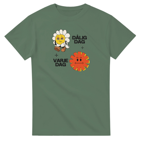Retro tecknad blomma med ledsen min, text "DÅLIG DAG + VARJE DAG" på grön t-shirt.