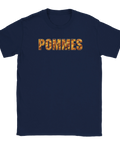 Textbaserat motiv med krispiga pommes frites i bokstäverna på en marinblå t-shirt