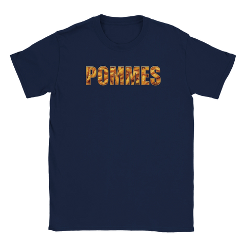 Textbaserat motiv med krispiga pommes frites i bokstäverna på en marinblå t-shirt