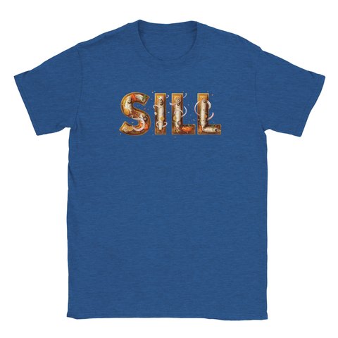 Blåmelerad t-shirt med grafiskt motiv föreställande sill och lök i bokstäver