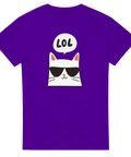 Tecknad vit katt med solglasögon och "LOL" i pratbubbla på lila t-shirt.