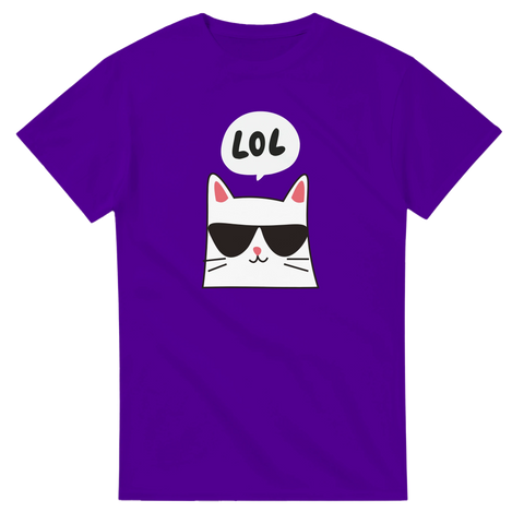 Tecknad vit katt med solglasögon och "LOL" i pratbubbla på lila t-shirt.