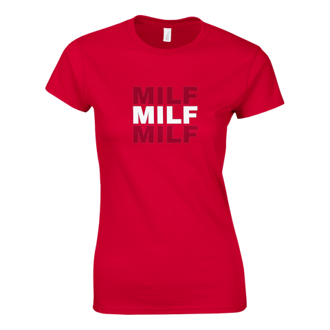 Röd t-shirt med kaxigt Milf-motiv i vitt och mörkrött