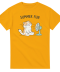 Tecknad katt som svalkar sig framför en fläkt, text "SUMMER FUN", på gul t-shirt.