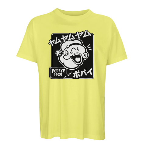 karl alfred popeye med japansk text på en gul t-shirt